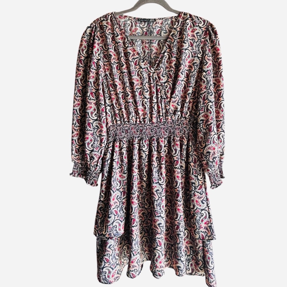 Black Tape_ Paisley Smocked Waist Sheer Long Sleeve Mini Dress Petite Large